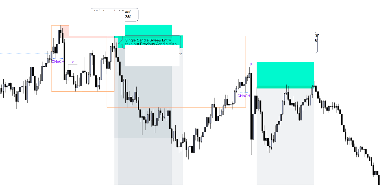 Single candle sweep entries: one candle takes out the previous candle high, then CHoCH confirms the reversal
